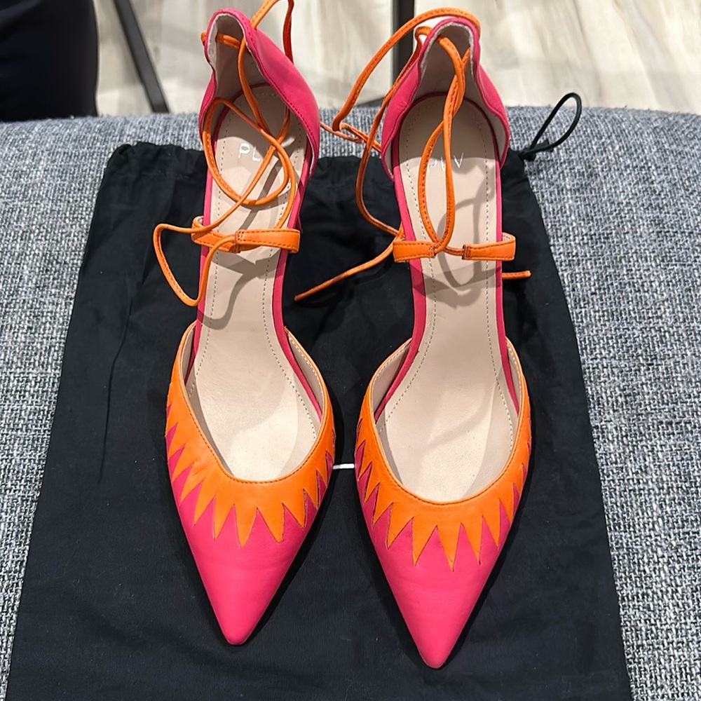 PLV Pour La Victoire Pink/Orange Azalea Leather Pump w/ Ankle Strap - SIZE 11